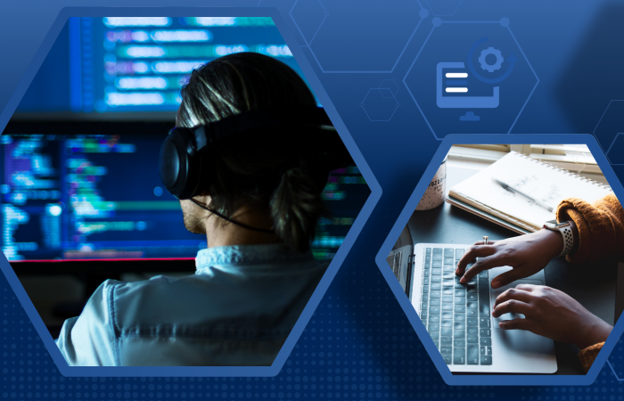 Split image: Left shows a person coding at a computer; right shows someone typing on a laptop in a cozy workspace.
