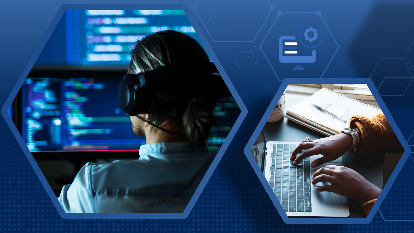 Split image: Left shows a person coding at a computer; right shows someone typing on a laptop in a cozy workspace.