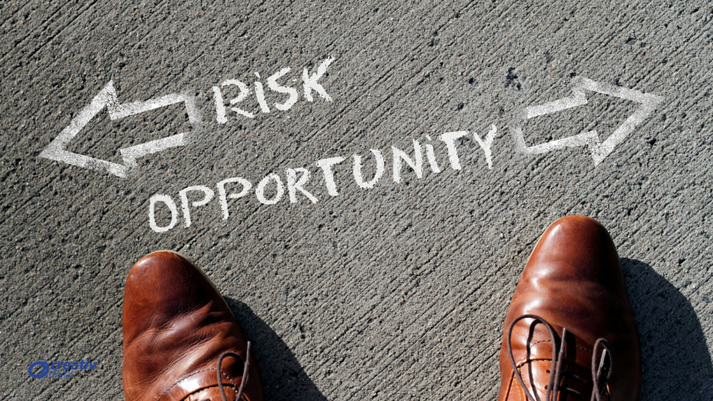 Close-up of a pair of brown shoes standing on a concrete surface, with chalk markings showing two directional arrows labeled 'RISK' and 'OPPORTUNITY'