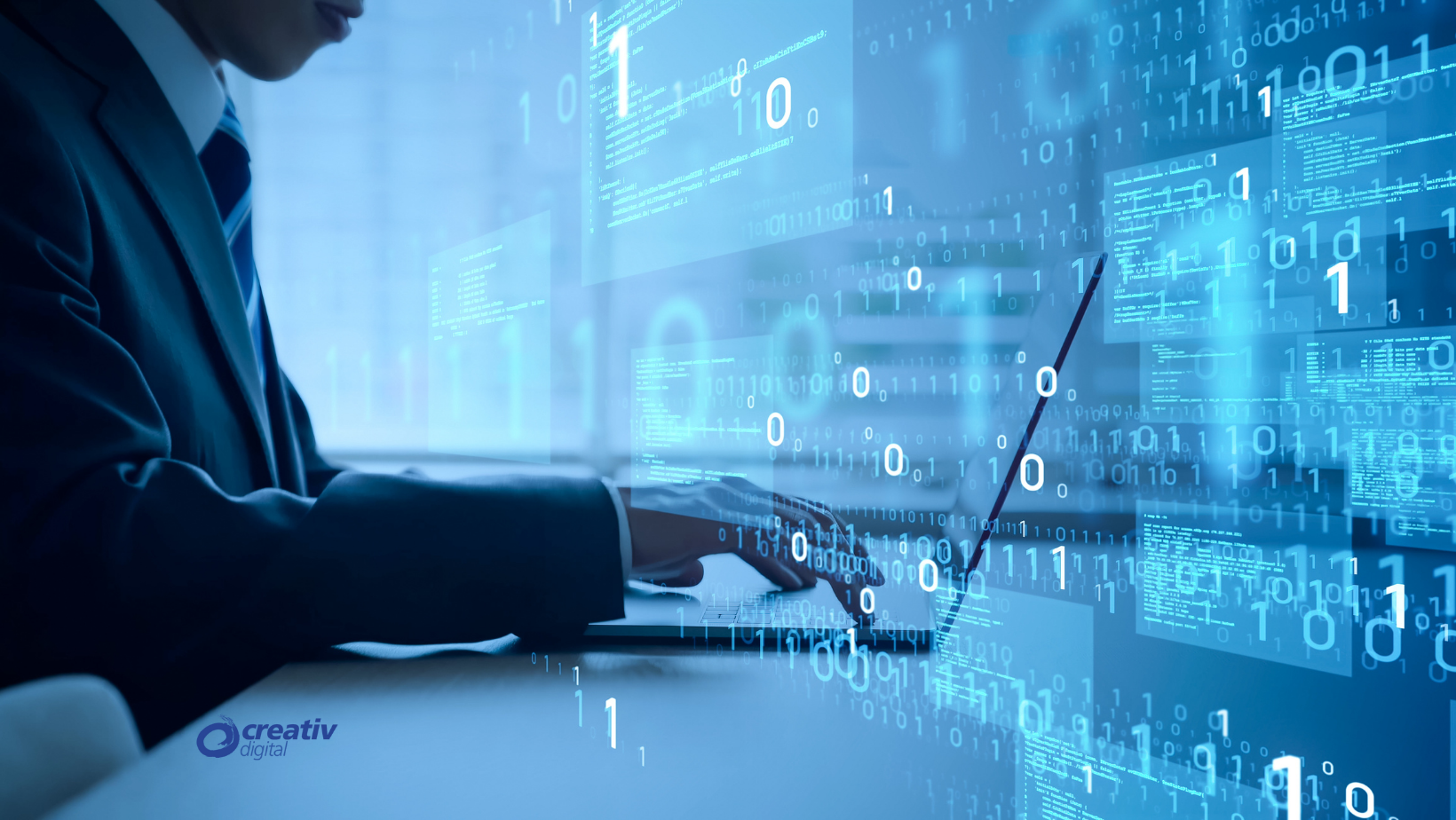 Business professional coding on a laptop with binary code and data overlays, representing AI.
