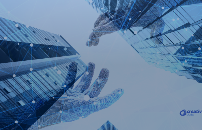 AI wireframe hands reaching between skyscrapers, symbolizing tech and web innovation.