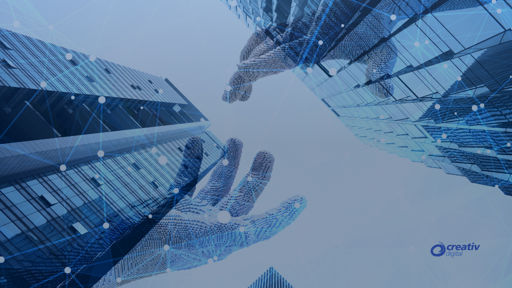 AI wireframe hands reaching between skyscrapers, symbolizing tech and web innovation.